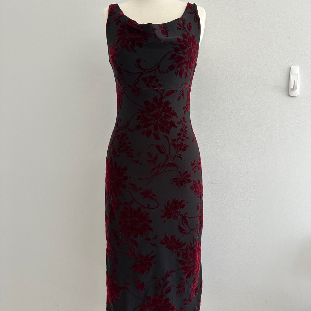Vintage Suzy Red and Black Cowl Neck Midi Dress
